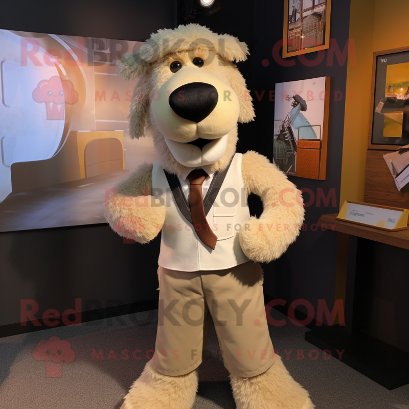 Tan Shepard'S Pie mascot costume character dressed with a Blazer and Suspenders