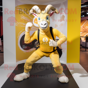 Gold Goat mascot costume character dressed with a Yoga Pants and Backpacks