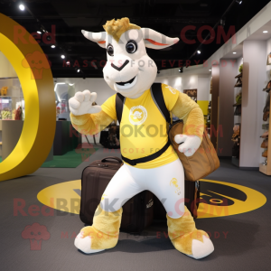 Gold Goat mascot costume character dressed with a Yoga Pants and Backpacks