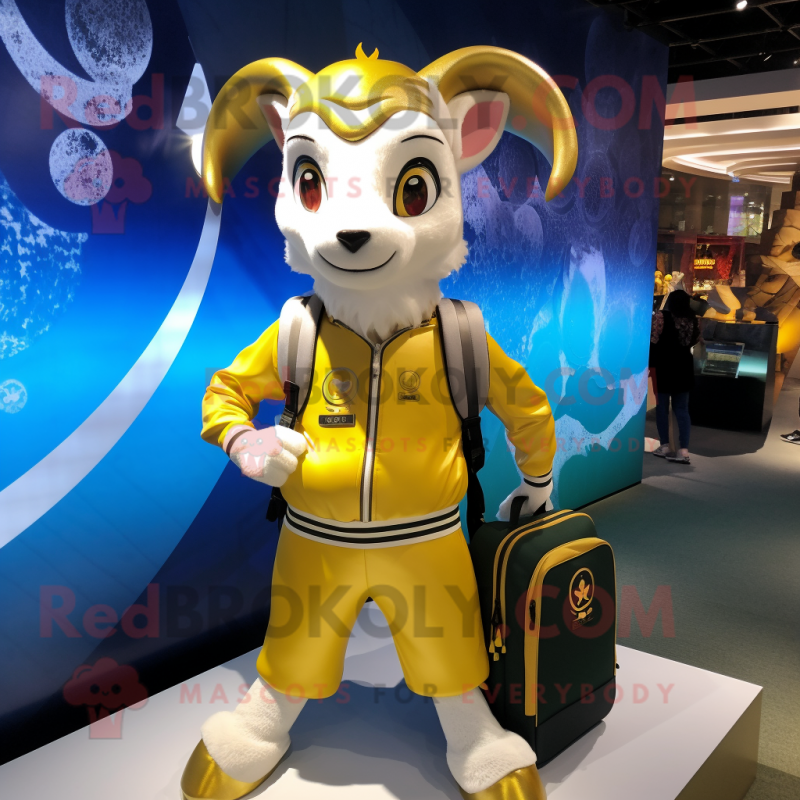 Gold Goat mascot costume character dressed with a Yoga Pants and Backpacks Gold Goat mascot costume character dressed with a Yoga Pants and Backpacks