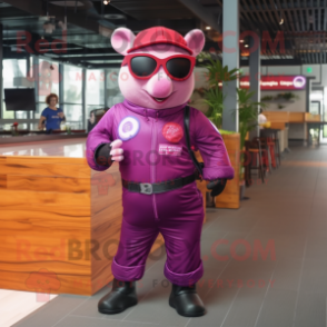 Magenta Pig mascot costume character dressed with a Jumpsuit and Sunglasses