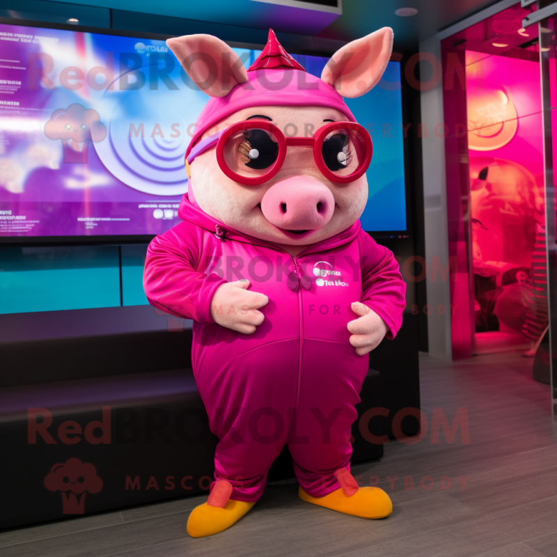 Magenta Pig mascot costume character dressed with a Jumpsuit and Sunglasses