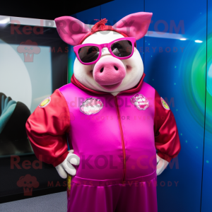 Magenta Pig mascot costume character dressed with a Jumpsuit and Sunglasses