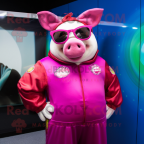 Magenta Pig mascot costume character dressed with a Jumpsuit and Sunglasses