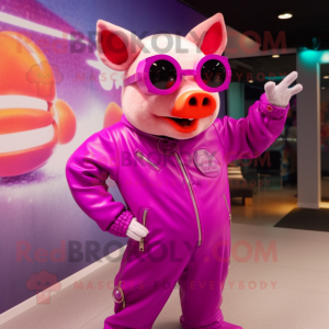 Magenta Pig mascot costume character dressed with a Jumpsuit and Sunglasses