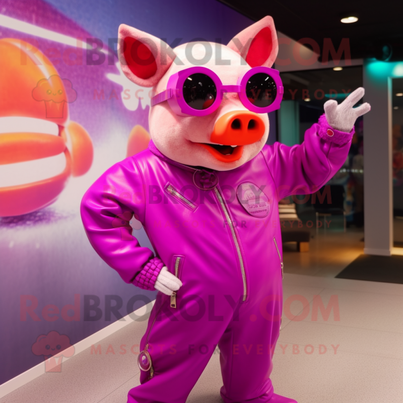 Magenta Pig mascot costume character dressed with a Jumpsuit and Sunglasses Magenta Pig mascot costume character dressed with a Jumpsuit and Sunglasses