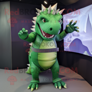 Green Stegosaurus mascot costume character dressed with a Turtleneck and Belts