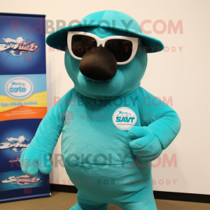 Teal Stellar'S Sea Cow mascot costume character dressed with a Henley Shirt and Sunglasses
