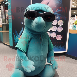 Teal Stellar'S Sea Cow mascot costume character dressed with a Henley Shirt and Sunglasses