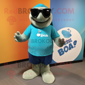 Teal Stellar'S Sea Cow mascot costume character dressed with a Henley Shirt and Sunglasses