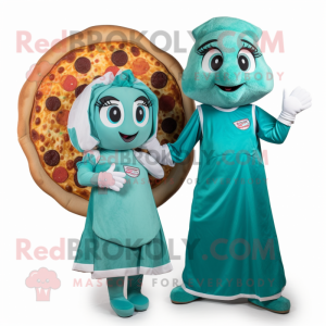 Teal Pizza mascot costume character dressed with a Dress and Wraps