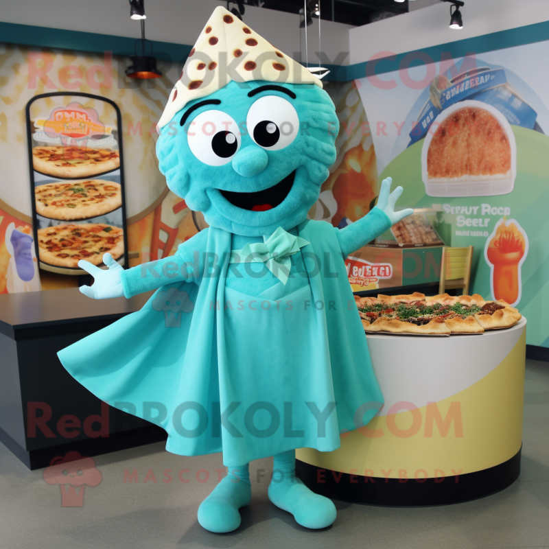 Teal Pizza mascot costume character dressed with a Dress and Wraps Teal Pizza mascot costume character dressed with a Dress and Wraps
