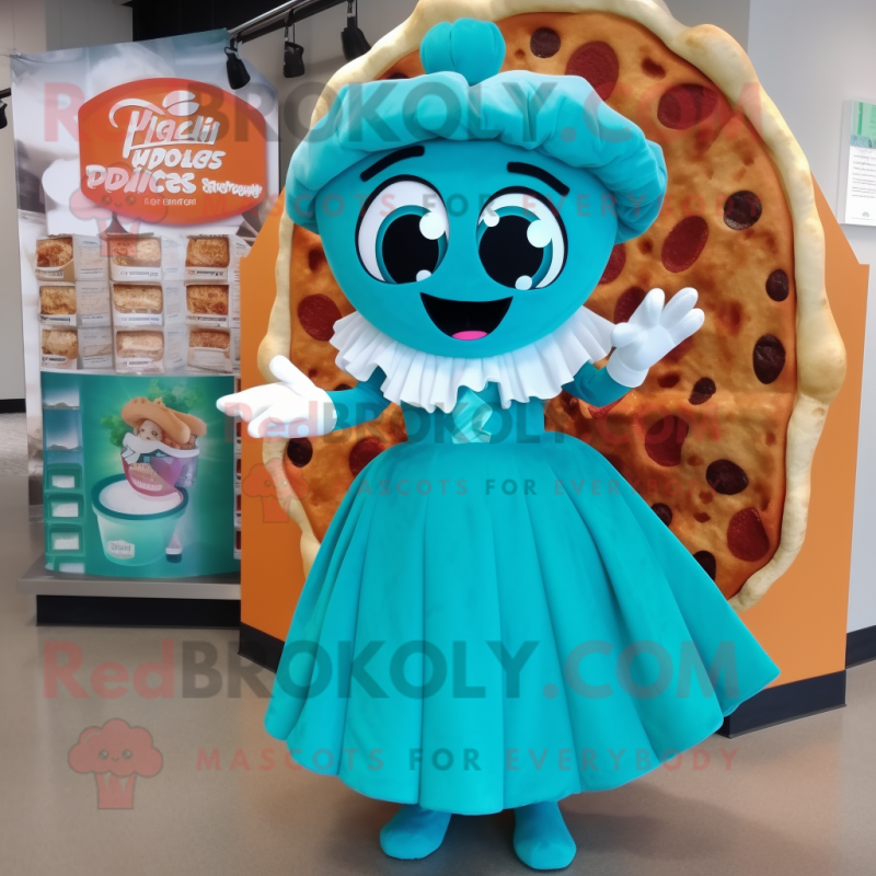 Teal Pizza mascot costume character dressed with a Dress and Wraps Teal Pizza mascot costume character dressed with a Dress and Wraps