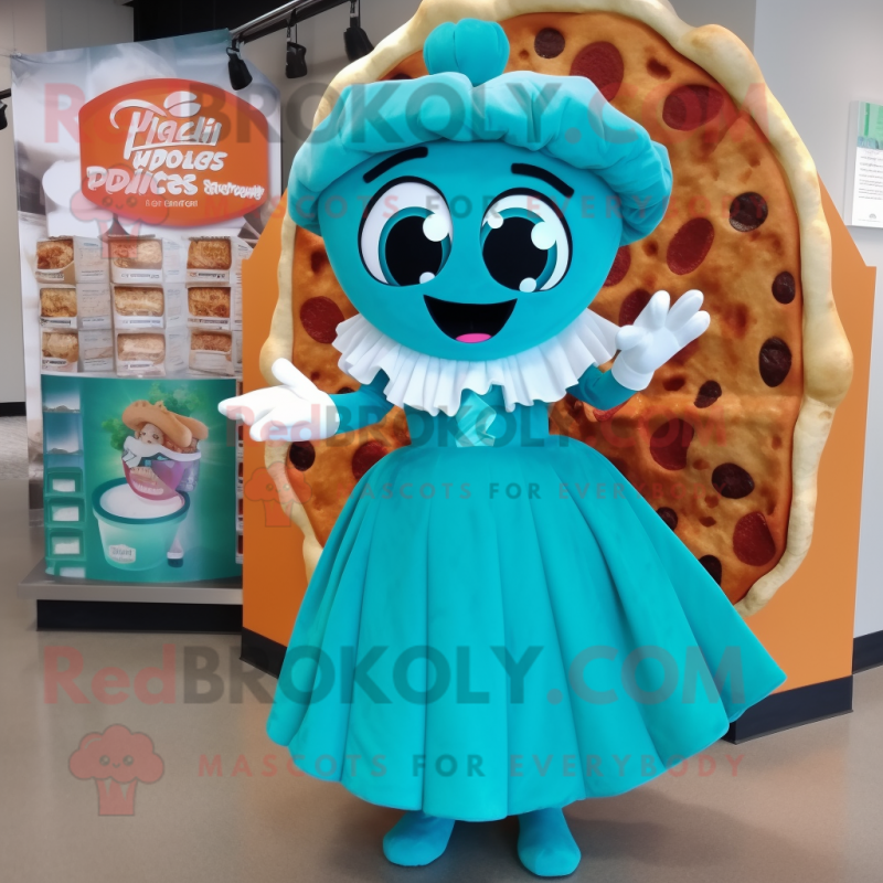 Teal Pizza mascot costume character dressed with a Dress and Wraps