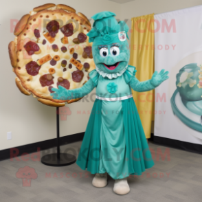 Teal Pizza mascot costume character dressed with a Dress and Wraps