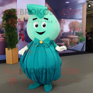 Teal Radish mascot costume character dressed with a Maxi Dress and Bow ties