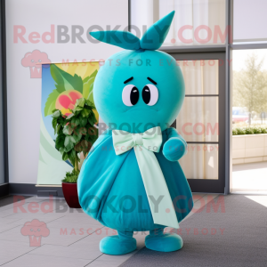 Teal Radish mascot costume character dressed with a Maxi Dress and Bow ties