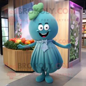 Teal Radish mascot costume character dressed with a Maxi Dress and Bow ties