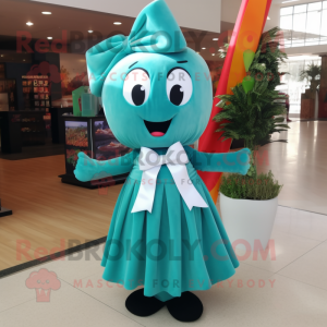 Teal Radish mascot costume character dressed with a Maxi Dress and Bow ties