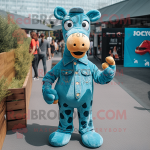 Turquoise Giraffe mascot costume character dressed with a Denim Shirt and Foot pads