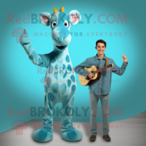 Turquoise Giraffe mascot costume character dressed with a Denim Shirt and Foot pads