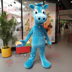 Turquoise Giraffe mascot costume character dressed with a Denim Shirt and Foot pads