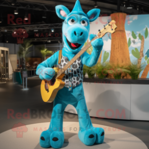 Turquoise Giraffe mascot costume character dressed with a Denim Shirt and Foot pads