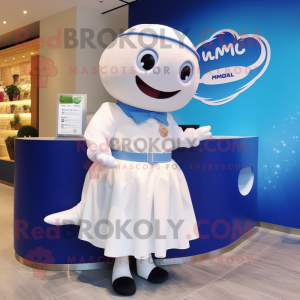 Cream Whale mascot costume character dressed with a Skirt and Smartwatches