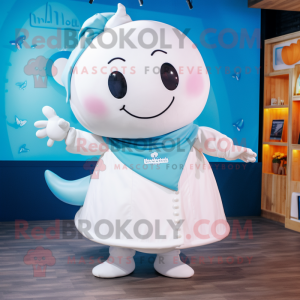 Cream Whale mascot costume character dressed with a Skirt and Smartwatches