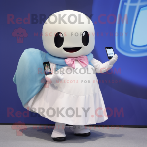 Cream Whale mascot costume character dressed with a Skirt and Smartwatches