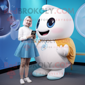 Cream Whale mascot costume character dressed with a Skirt and Smartwatches