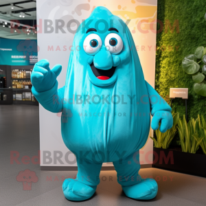 Turquoise Potato mascot costume character dressed with a Jumpsuit and Gloves