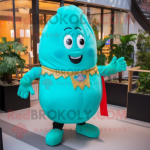 Turquoise Potato mascot costume character dressed with a Jumpsuit and Gloves