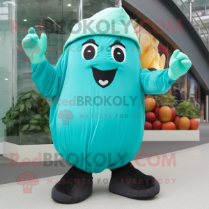 Turquoise Potato mascot costume character dressed with a Jumpsuit and Gloves