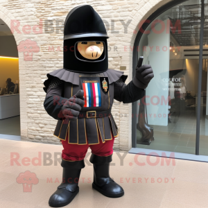 Black Swiss Guard mascot costume character dressed with a V-Neck Tee and Gloves