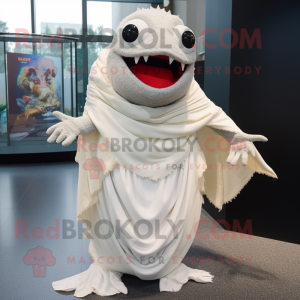 White Piranha mascot costume character dressed with a Evening Gown and Shawls