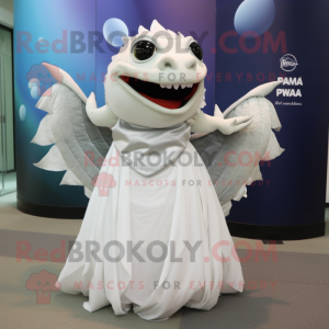 White Piranha mascot costume character dressed with a Evening Gown and Shawls