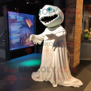 White Piranha mascot costume character dressed with a Evening Gown and Shawls