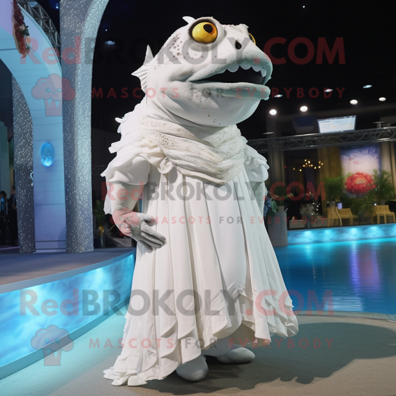 White Piranha mascot costume character dressed with a Evening Gown and Shawls