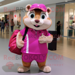 Magenta Chipmunk mascot costume character dressed with a Playsuit and Handbags