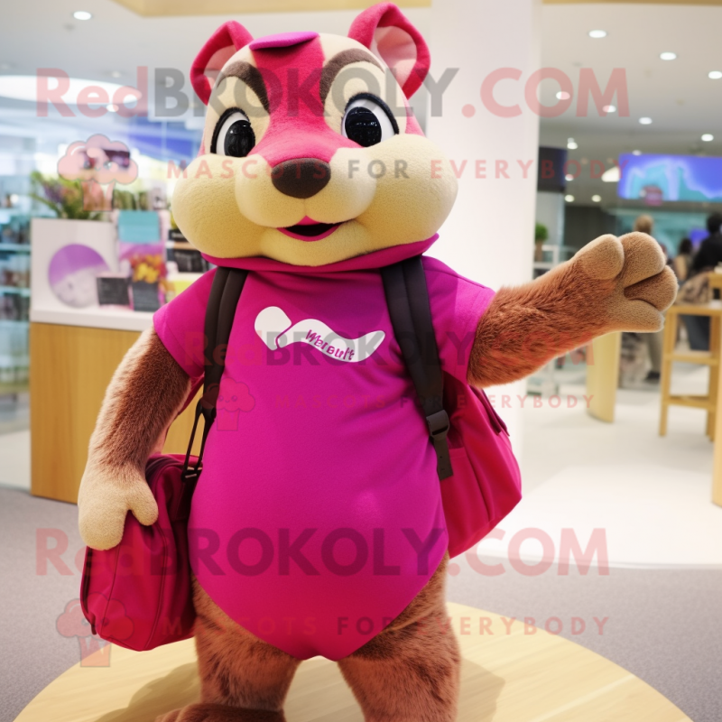 Magenta Chipmunk mascot costume character dressed with a Playsuit and Handbags