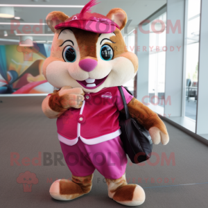 Magenta Chipmunk mascot costume character dressed with a Playsuit and Handbags