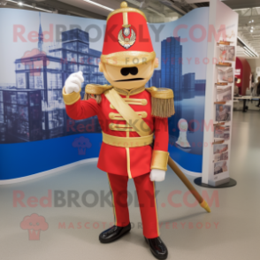 Gold British Royal Guard mascot costume character dressed with a Flare Jeans and Brooches