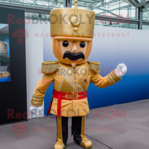 Gold British Royal Guard mascot costume character dressed with a Flare Jeans and Brooches