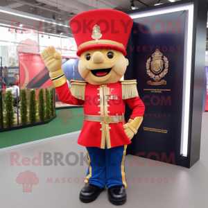 Gold British Royal Guard mascot costume character dressed with a Flare Jeans and Brooches