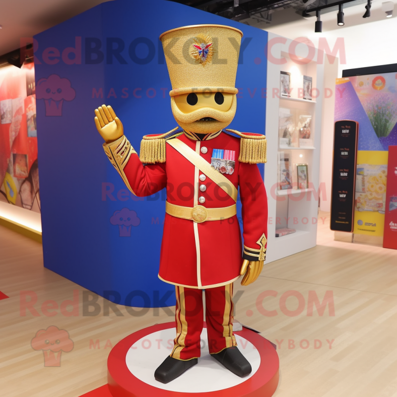 Gold British Royal Guard mascot costume character dressed with a Flare Jeans and Brooches