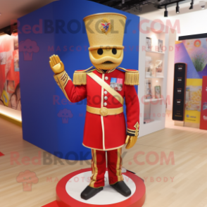 Gold British Royal Guard mascot costume character dressed with a Flare Jeans and Brooches