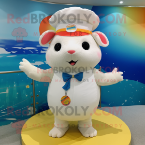 White Hamster mascot costume character dressed with a Swimwear and Berets