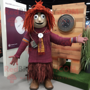 Maroon Scarecrow mascot costume character dressed with a Cardigan and Bracelet watches