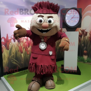 Maroon Scarecrow mascot costume character dressed with a Cardigan and Bracelet watches